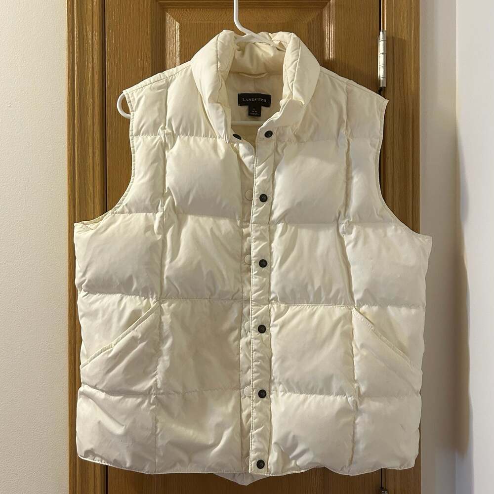 Lands' End Puffer Vest Woman's Large 14-16 Crème Goose Down Nylon Snap Vest